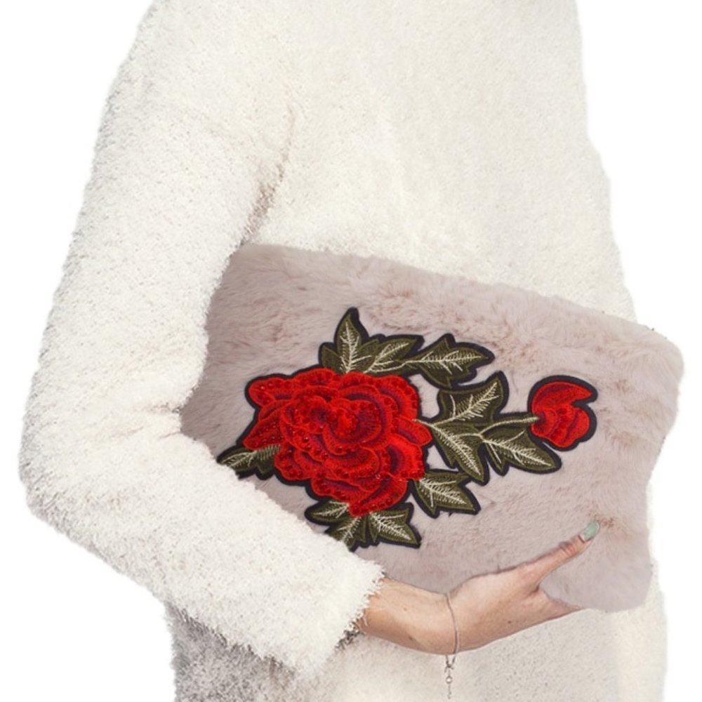 C.C Rose Patch Fur Clutch Bag